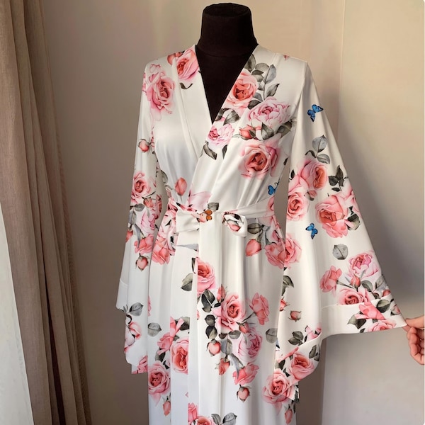 Long bridal robe, Floor length robe, Silk dressing gown, Floral kimono, Wedding morning outfit