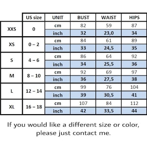 May include: Size chart for clothing with measurements in inches and centimeters. The chart shows sizes from XXS to XL with corresponding bust, waist, and hip measurements.