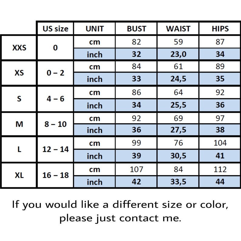 May include: Size chart for clothing with measurements in inches and centimeters. The chart shows sizes from XXS to XL with corresponding bust, waist, and hip measurements.