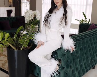 White bride pajamas with feathers boa, Wedding nightwear, Women pants pajama set, Pajamas with feather trim, Bridal sleepwear