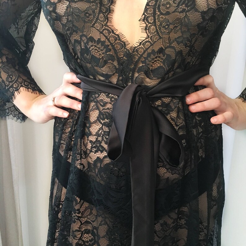 Long black lace robe black lingerie wedding robe boudoir Etsy
