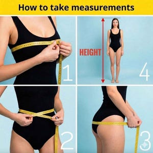 The image is a step-by-step guide on how to take measurements, specifically focusing on waist size. It shows a woman wearing a black swimsuit and measuring her waist with a yellow measuring tape. The guide provides instructions on how to properly use the measuring tape to accurately determine the waist size.