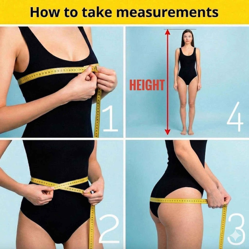 The image is a step-by-step guide on how to take measurements, specifically focusing on waist size. It shows a woman wearing a black swimsuit and measuring her waist with a yellow measuring tape. The guide provides instructions on how to properly use the measuring tape to accurately determine the waist size.
