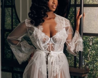Sheer tulle wedding robe with train, Lace boudoir bride robe