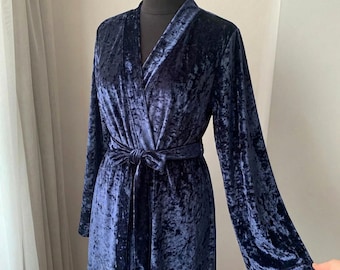 Blue velvet robe long, crushed velvet robe, Vintage kimono dressing gown for women