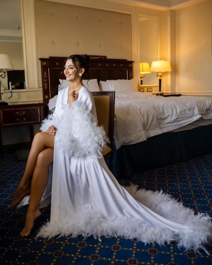 feather trim white bride pjs