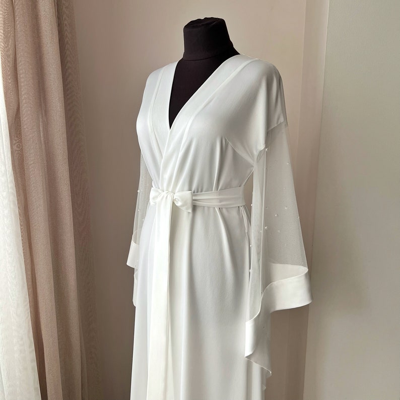 Maxi bridal robe with pearl sleeves, Long bridal robe, Boudoir robe, White sheer robe, Wedding day, Kimono robe silk, Bridal lingerie image 4
