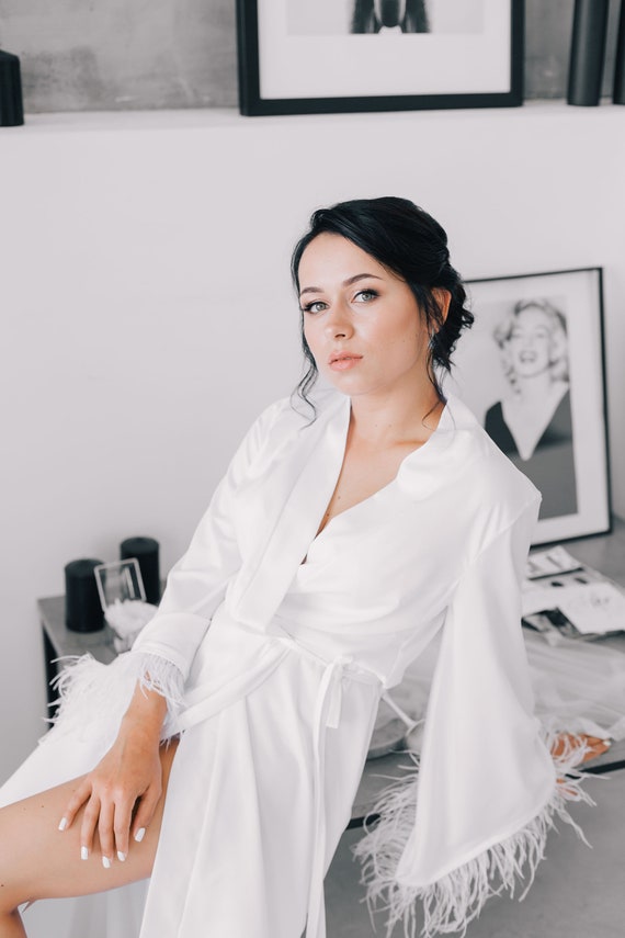 Túnica de pluma larga bata de kimono blanco túnica de novia | Etsy España
