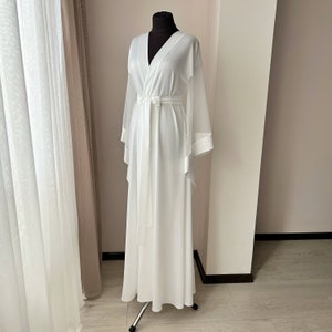 Maxi bridal robe with pearl sleeves, Long bridal robe, Boudoir robe, White sheer robe, Wedding day, Kimono robe silk, Bridal lingerie image 3