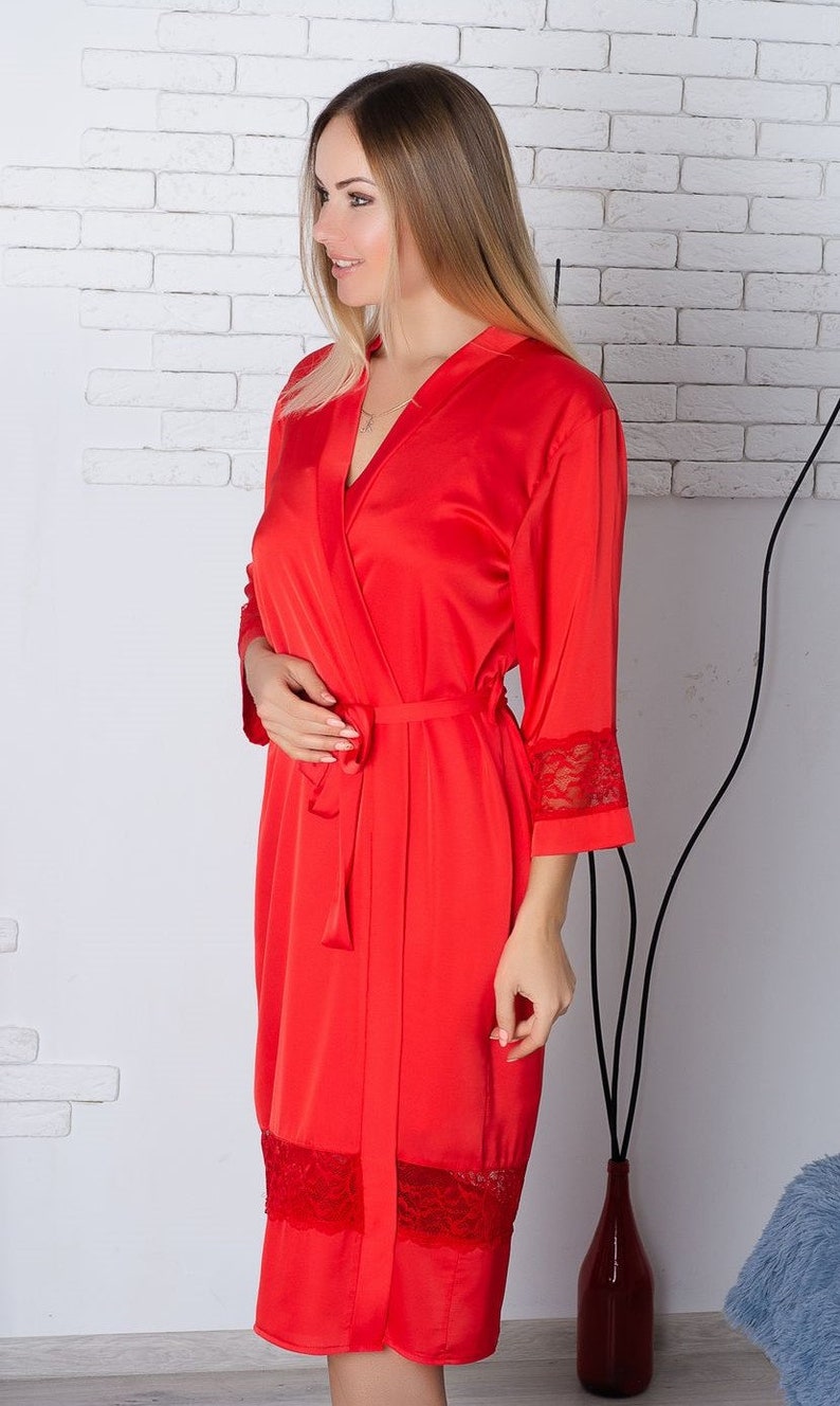 Red Robe and Nightgown Satin Lace Robe Peignoir Set Lace | Etsy