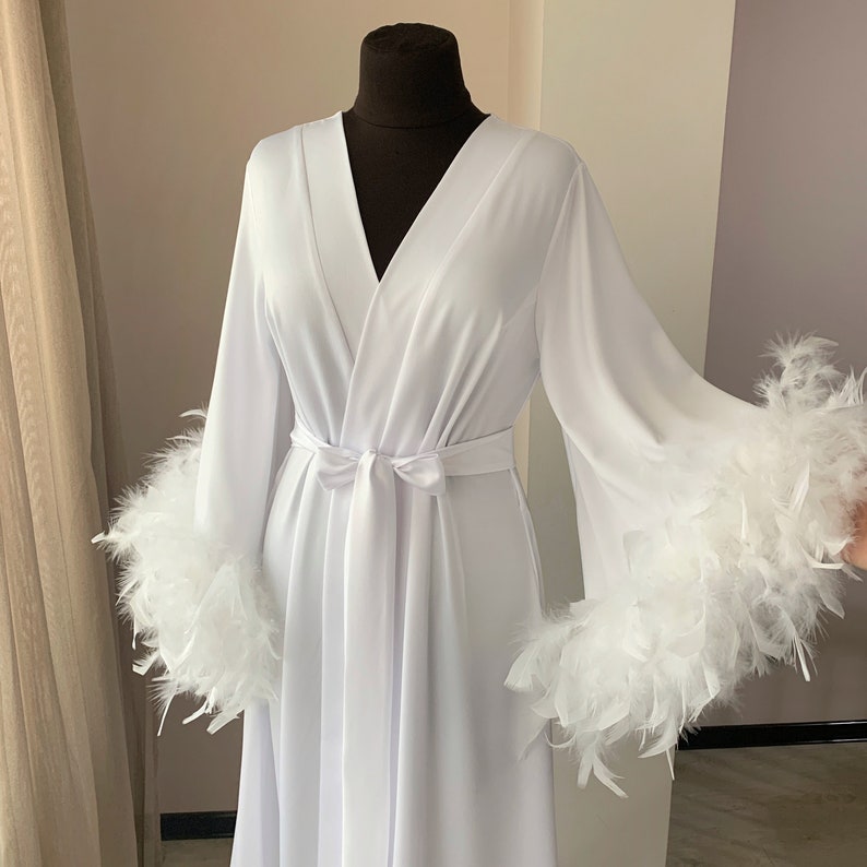 Feather Robe Long Robe With Feathers Bridal Robe With Train Etsy