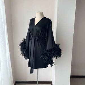 Black feather robe, feather bridal robe, feather robe bridesmaid, kimono robe, feathered robe, boudoir robe, plus size robe, bridesmaid gift image 2
