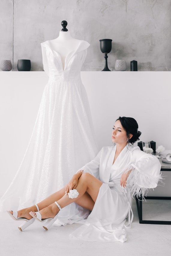 Túnica de pluma larga bata de kimono blanco túnica de novia | Etsy España