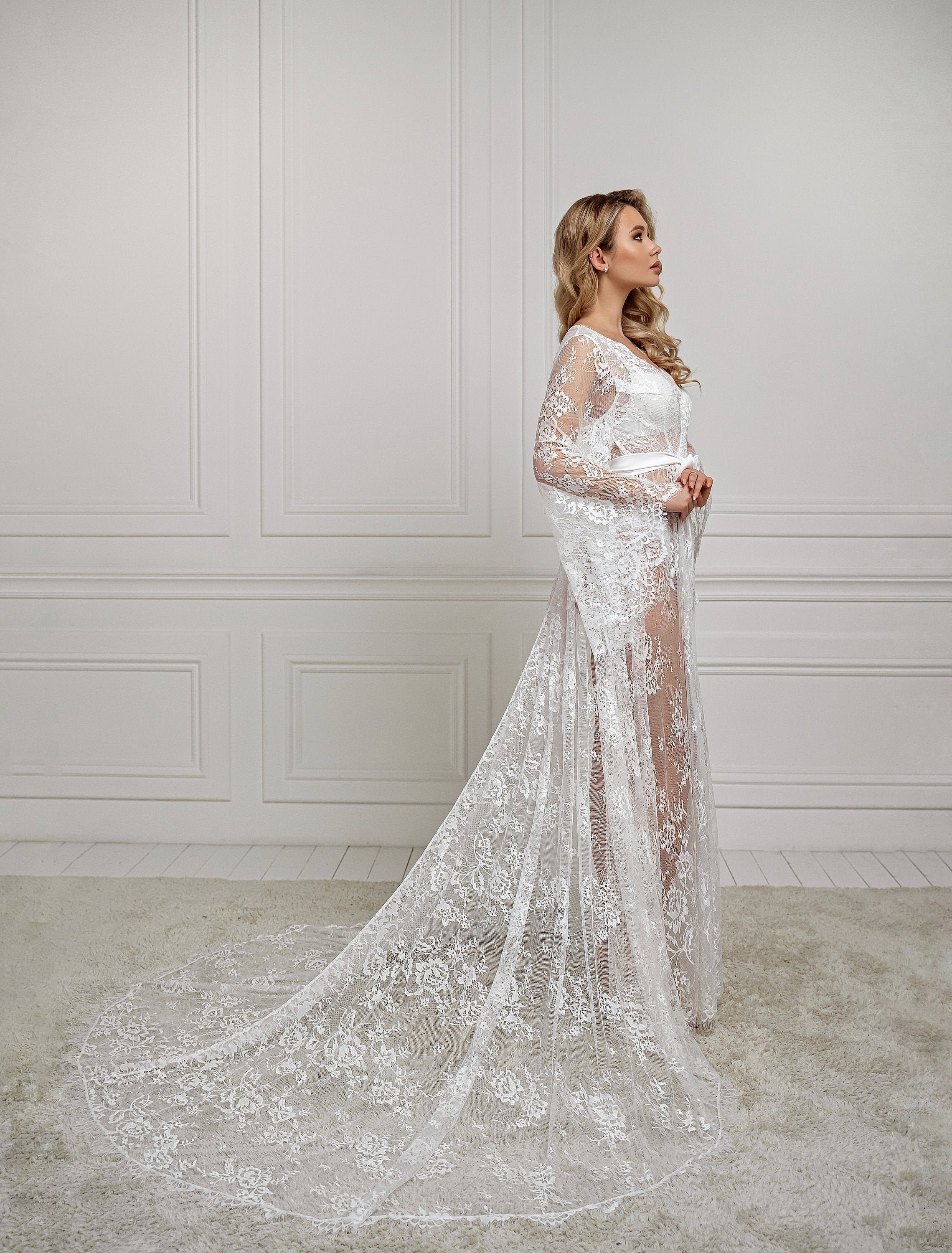 Long Lace Robe Bridal Robe With Train ...