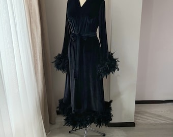 Velvet Robe With Feathers, Black Feather Robe, Velvet Dressing