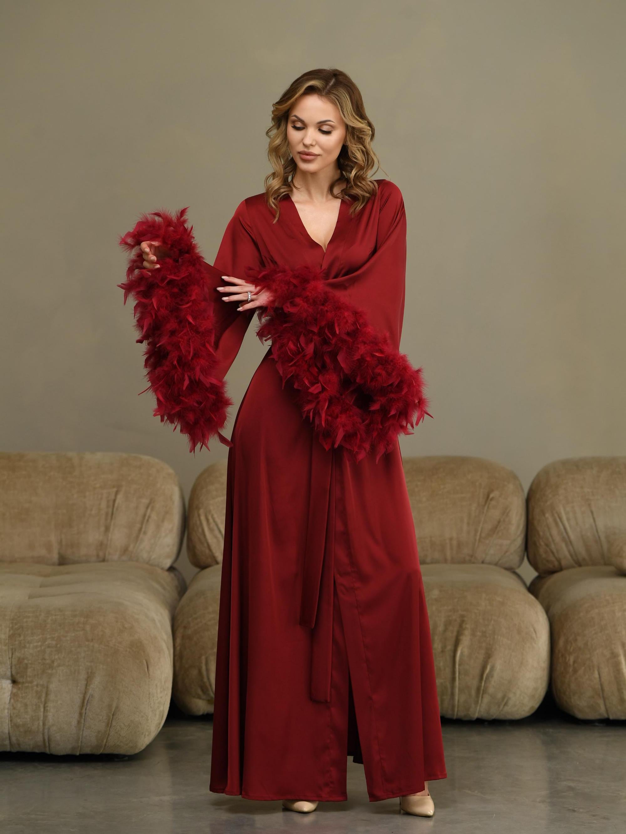 Feathery Robe Feather Robe Long, Bridal Robe With Feather, Burgundy Silk Robe ...