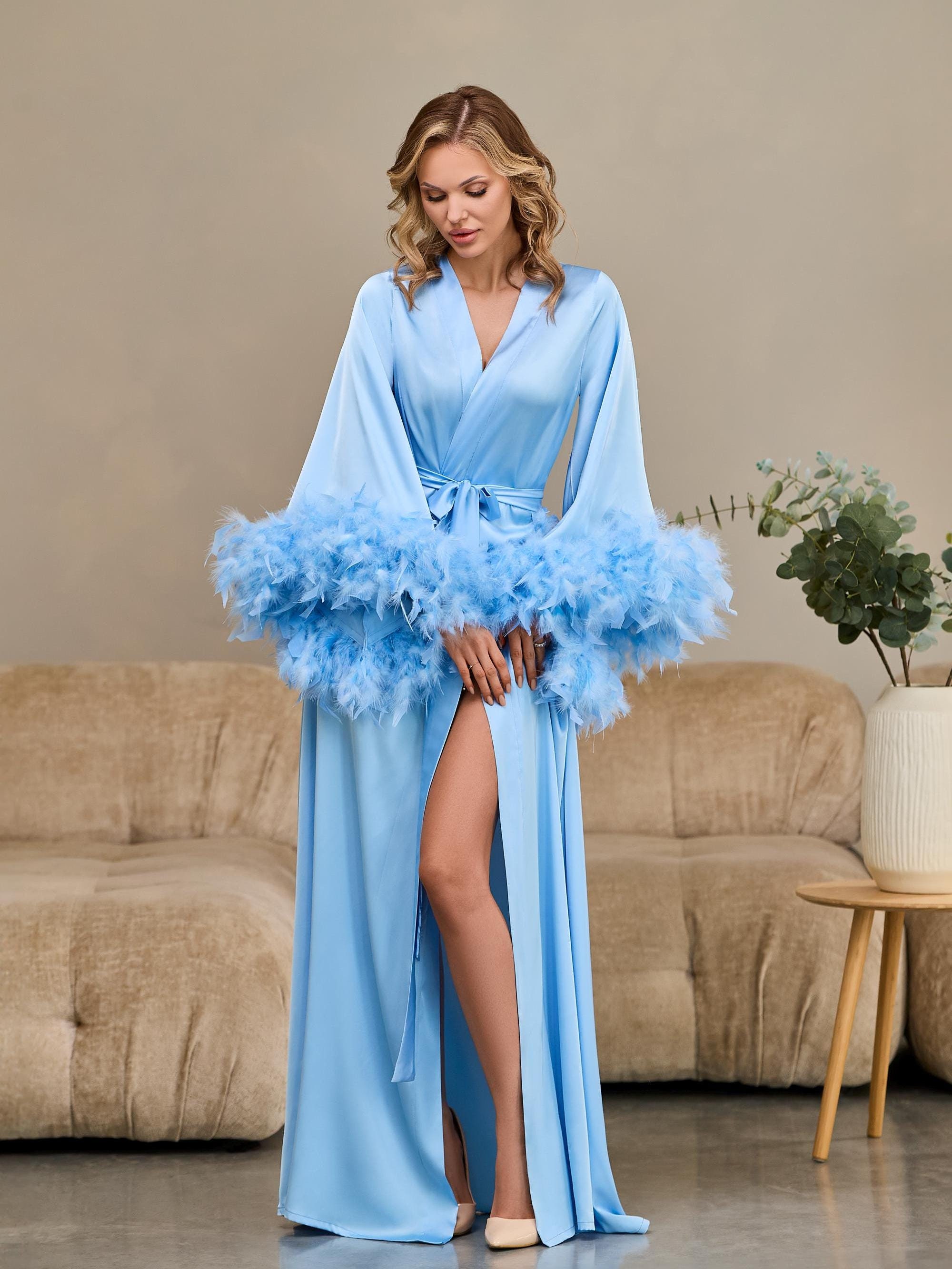 silk and feather dressing gown Hvyesh Women's Satin Kimono Robe Feather Silk Bathrobe Bridal Party  Bridesmaid Robes Ladies Feathered Dressing Gown