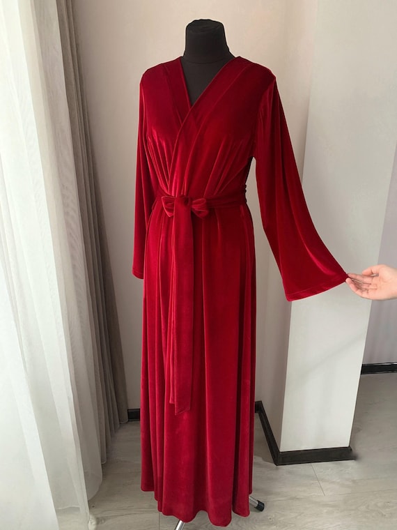 velour ladies dressing gowns Red Velvet Robe for Women, Long Gown, Floor Length Robe CRDE_Rosa