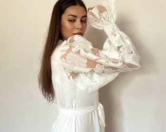 Bridal robe long, Sheer lace robe with organza puff sleeves, Bridal lingerie
