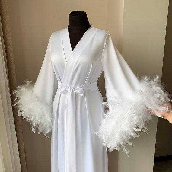 White feather robe, Bridal dressing gown, Long wedding robe for bride