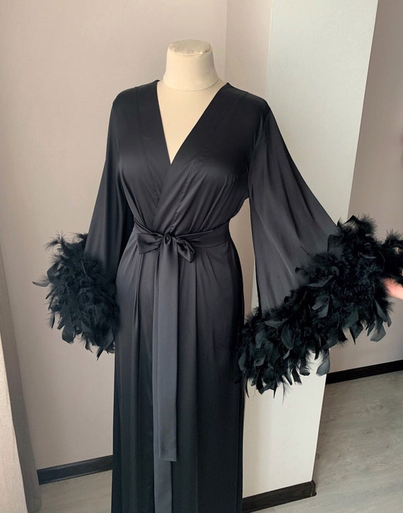 Black Robe Long, Feather Bridal Robe, Bride Kimono, Ostrich