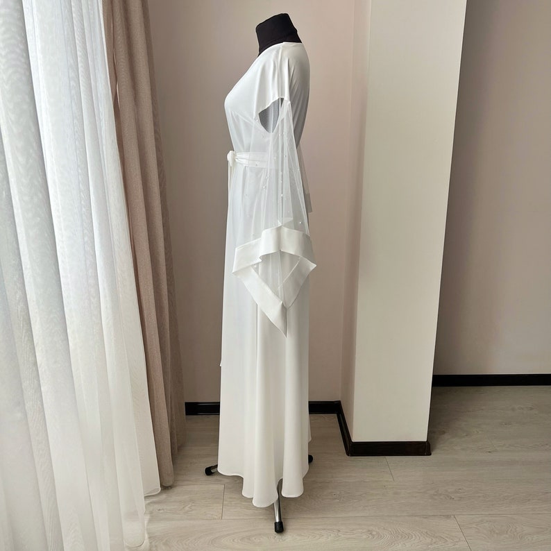 Maxi bridal robe with pearl sleeves, Long bridal robe, Boudoir robe, White sheer robe, Wedding day, Kimono robe silk, Bridal lingerie image 6