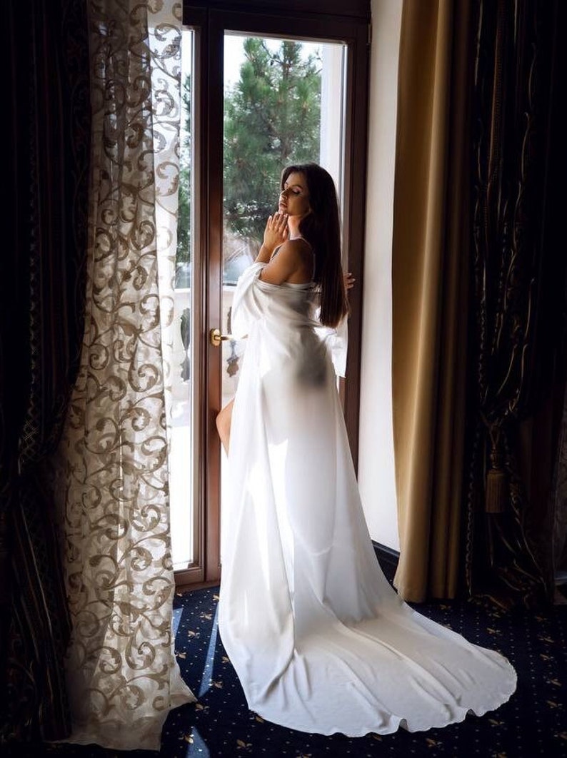 Long bride robe with train, wedding bride robe, white dressing gown, boudoir robe, bridal lingerie, kimono with train, bridal shower gift image 9