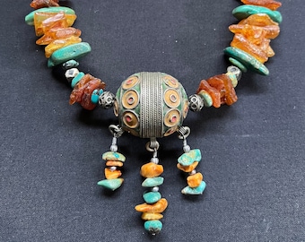 Berber Necklace: Moroccan Enamel Egg Pendant, Copal & Turquoise Beads