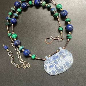 Middle Eastern Intaglio seal carved lapis lazuli ancient bactrian gemstone pendant with green malachite, Azurite & lapis handmade necklace.