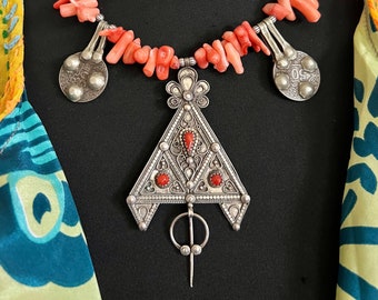 Moroccan Vintage Fibula Fibulae pendant and old coins beaded with orange branch Bamboo Sea coral Amazigh Berber handmade Necklace.