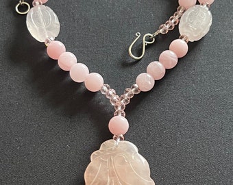 Hand carved Rose quartz flower pendant beaded with pink opal smooth gemstone beads & carved pink quartz medallions handmade necklace.