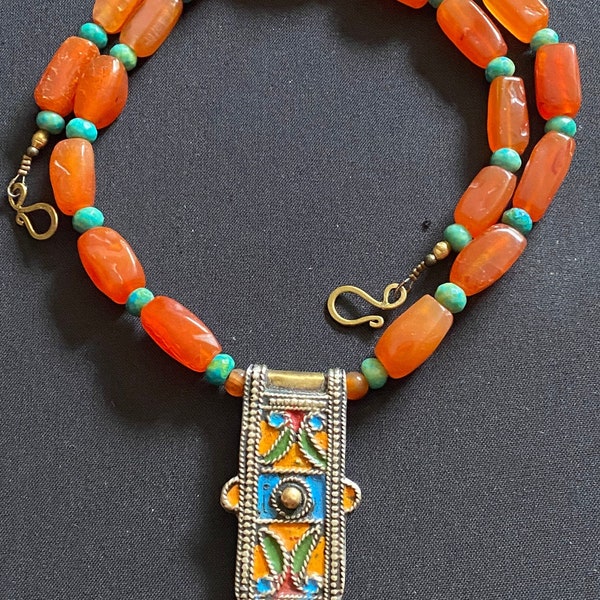 Enameled Hirz Moroccan berber pendant with old Carnelian & Russian Amazonite gemstone beads handmade necklace.