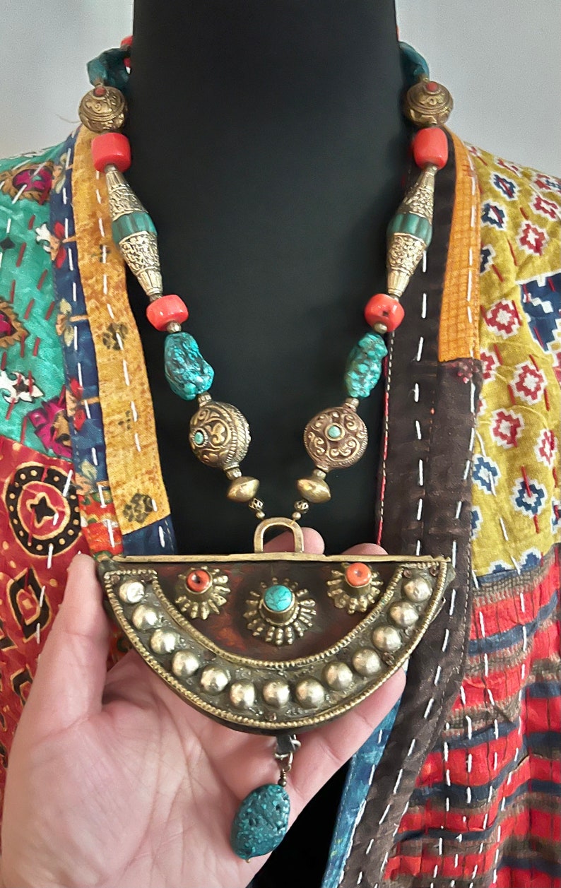 Antique Tibetan Mechak Necklace: Coral & Turquoise Flint Pouch - Etsy
