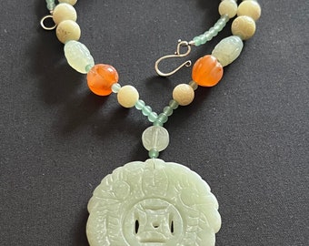Carved medallion green serpentine pendant with carved jade & carved carnelian gemstone beaded Chinese blessings handmade necklace.