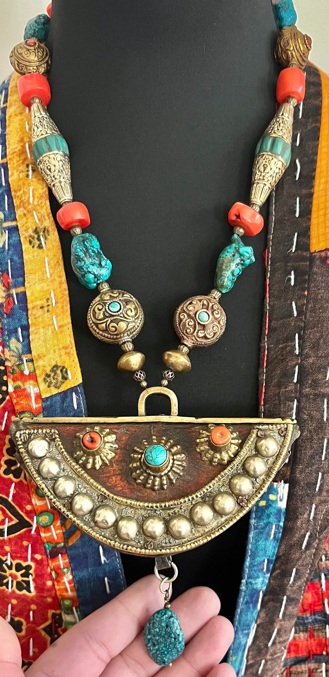 Antique Tibetan Mechak Necklace: Coral & Turquoise Flint Pouch - Etsy