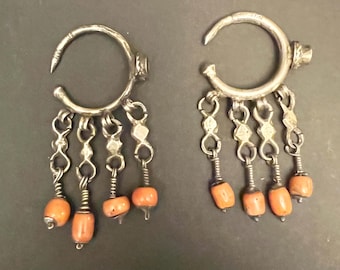 Antique Berber Duwwah Silver Earrings With Rare Mediterranean Coral From Morocco.