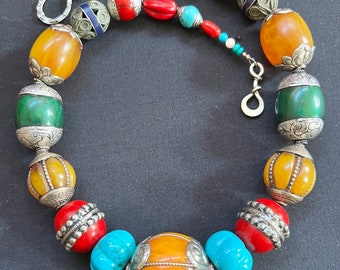 Tibetan Copal & Turquoise Necklace: Vintage Nepalese Boho Jewelry