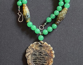 Vintage Medallion Brown Serpentine pendant & carved jade beads with Green Aventurine handmade Chinese blessings necklace.