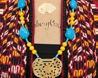 Hand carved yellow jade medallion pendant with carved blue turquoise bead gemstones Chinese blessings handmade necklace.