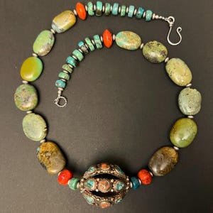 Nepalese Tibetan turquoise & Coral vintage pendant with old silver inlaid unique Handmade tribal bohemian Necklace.