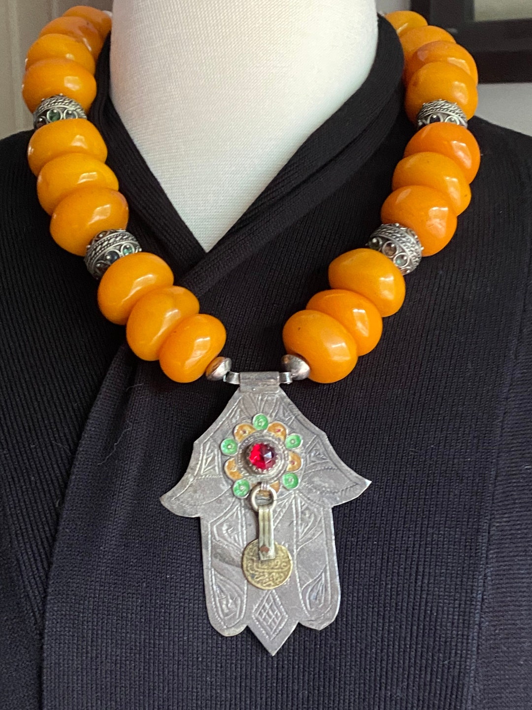 Moroccan Vintage Khamsa Carved Pendant With African Copal