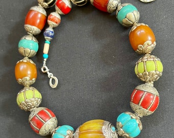 Tibetan Copal & Turquoise Necklace: Vintage Nepalese Coral Bohemian Jewelry