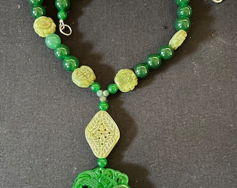 Carved medallion green jade pendant with carved jade & carved jade gemstone beaded Chinese blessings handmade necklace.