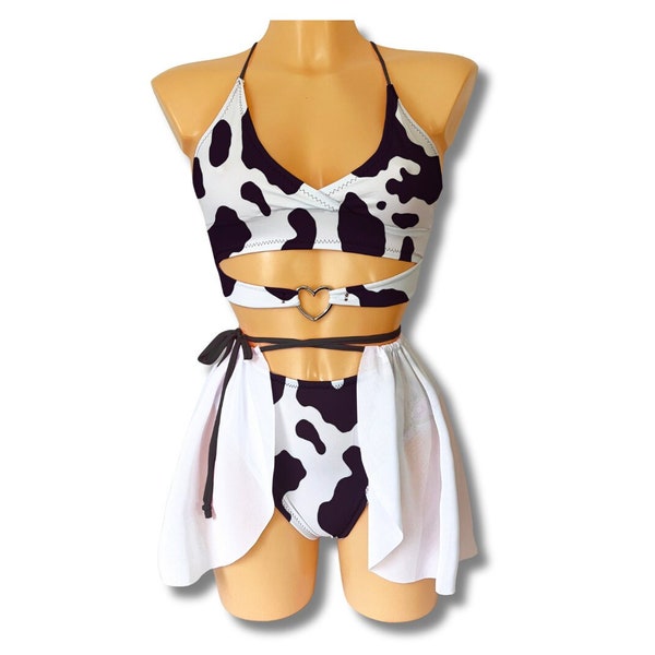 Cow print princess 3 piece rave outfit set, edc summer festival rave party outfit with bralet and pants / stage dance clothing