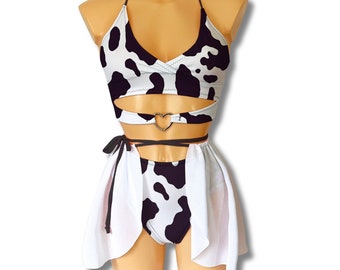 Cow print princess 3 piece rave outfit set, edc summer festival rave party outfit with bralet and pants / stage dance clothing