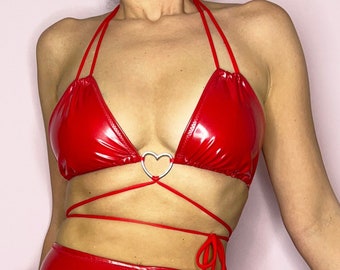 Red PVC vinyl rave bikini bra top with metal heart detail / cute summer party festival dance outfit, wet look pvc bralet dancewear