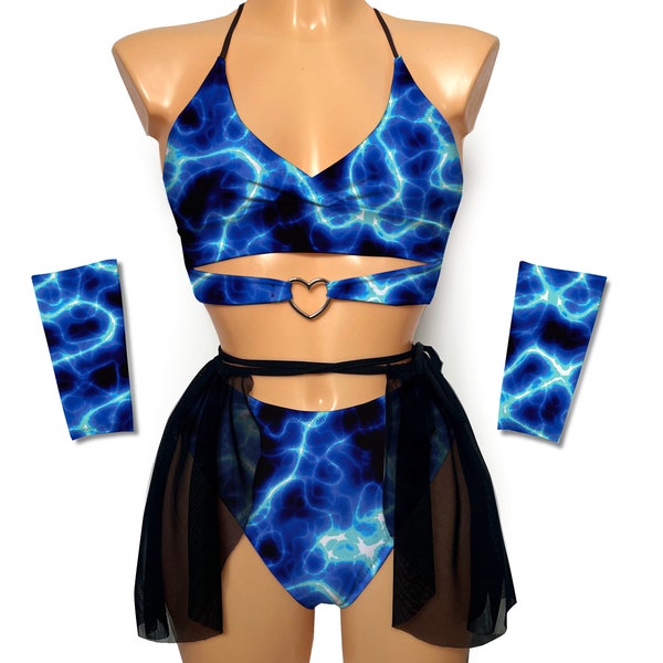 Electric Blue full princes rave outfit set, edc summer festival rave party outfit with bralet and pants / stage dance clothing