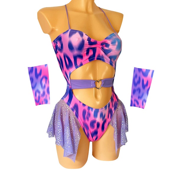 Neon Cheetah animal print rave bodysuit outfit set with sleeves