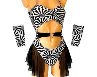 Black and White illusion dance rave bodysuit outfit set with sleeves