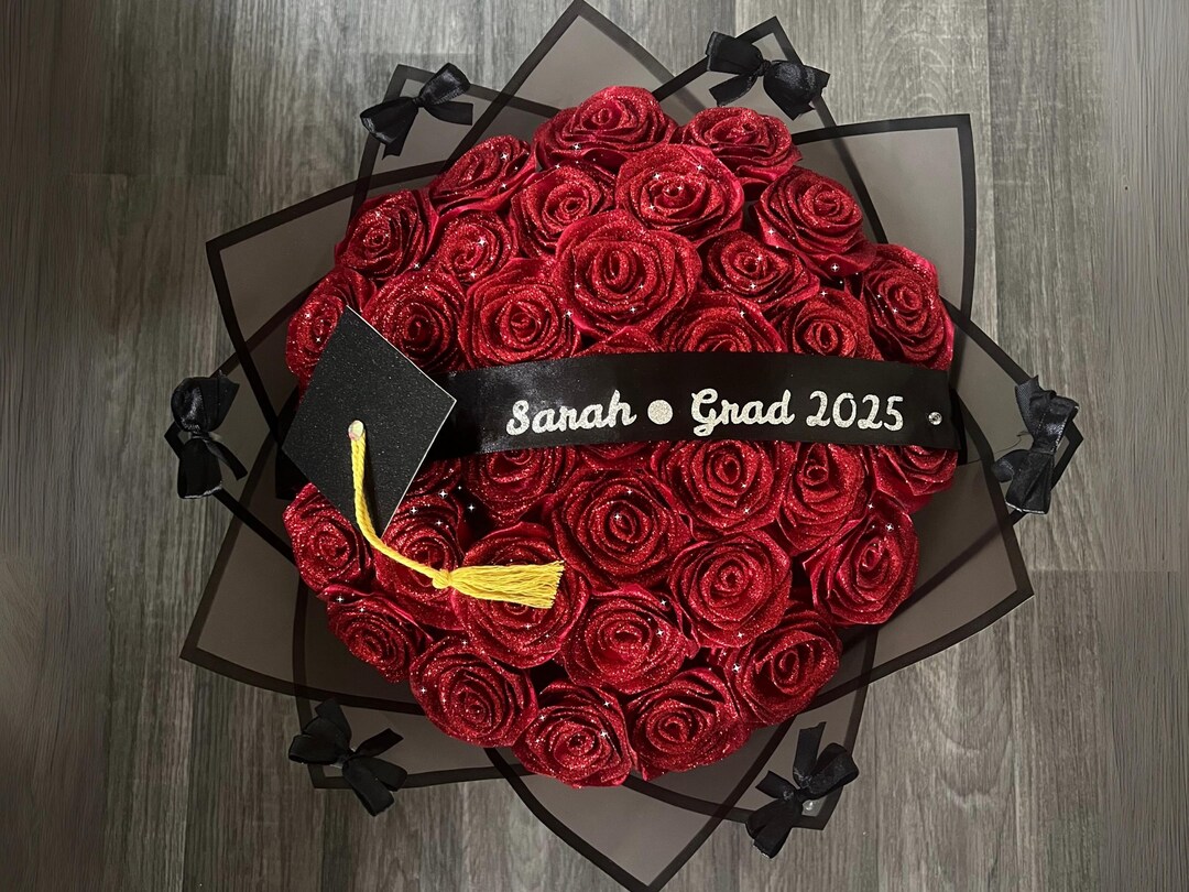 Graduation Sparkly Roses Red Glitter Roses Graduation Bouquet, Keepsake Satin Ribbon Roses ...